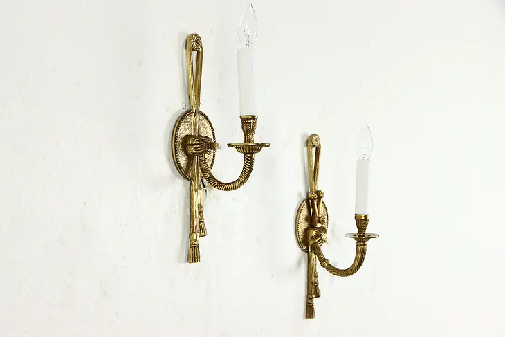 Pair of Vintage Brass & Candle Wall Sconce Lights with Tassels #35223