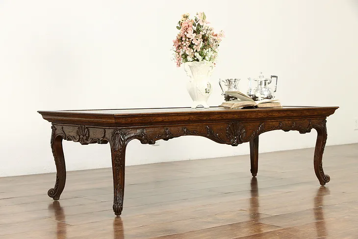 Country French Farmhouse Carved Oak Vintage Coffee Table. #35109