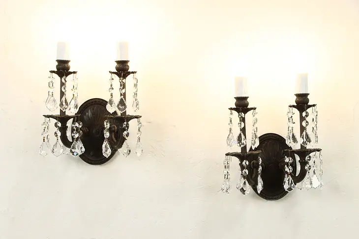 Pair of Double Wall Sconces, Crystal Prisms, Drip Candle Covers #36399