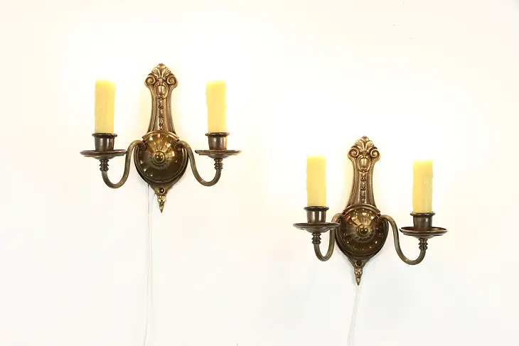 Pair of Antique Brass Double Wall Sconce Lights, Beeswax Drip Candles #38013