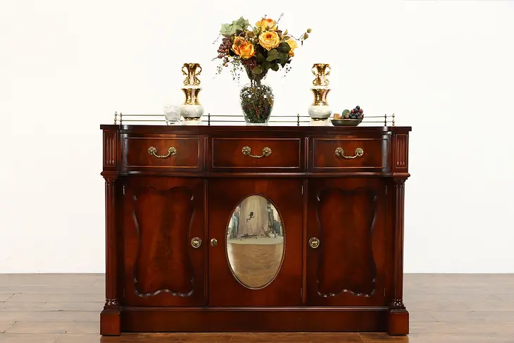 Traditional Antique Leather Top Sideboard, Server, Buffet, Convex Mirror #38392
