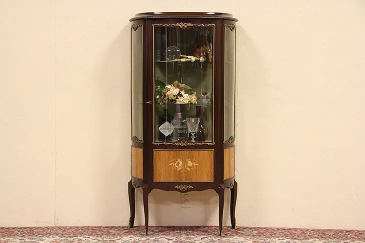 French Curved Glass Rosewood Curio or China Display Cabinet
