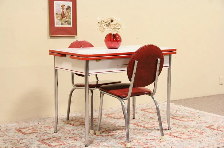 Retro 1950 Enamel & Chrome Kitchen Table & 2 Chairs Dinette Set
