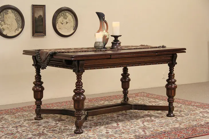 English Tudor 1920's Oak Dining or Library Table, Draw Leaves
