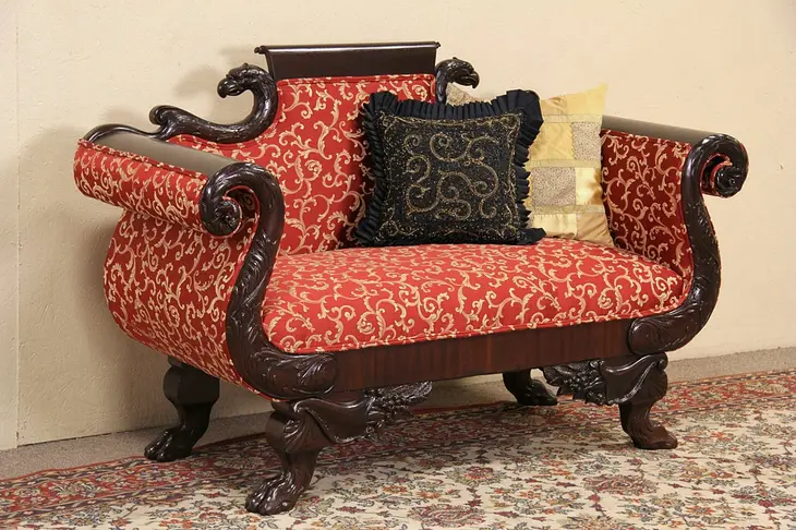 Empire 1900 Antique Lion Paw Carved Mahogany Sofa, Newly Upholstered
