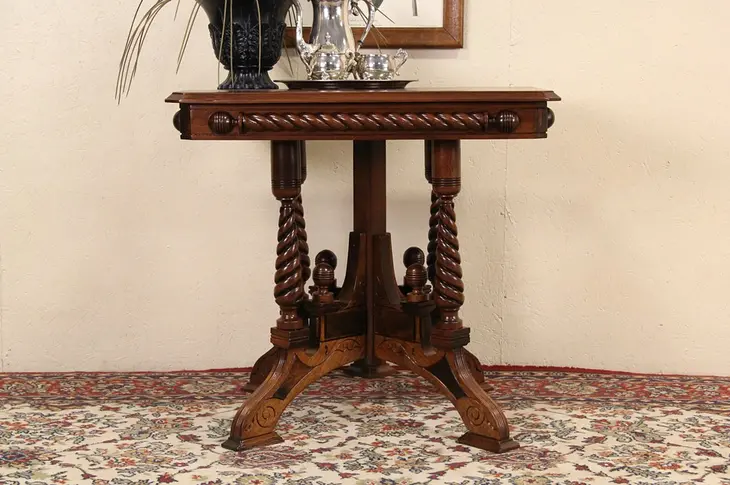 Victorian 1880 Antique Walnut & Burl Parlor Lamp Table, Spiral Legs