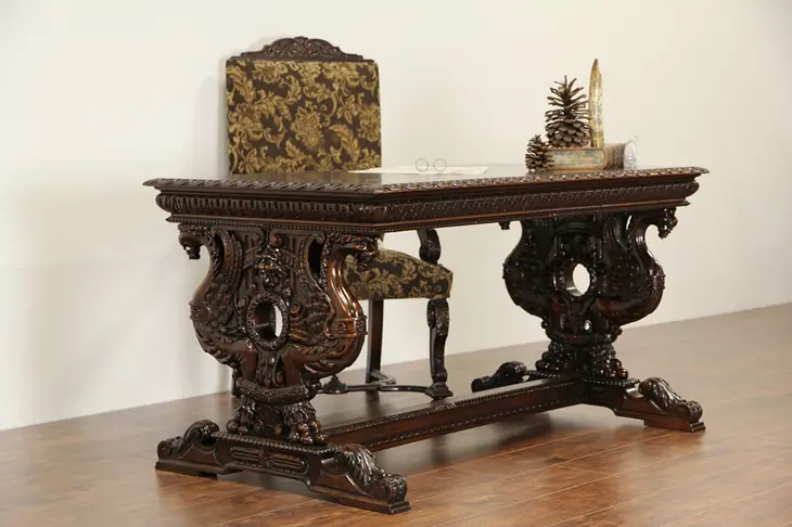 Renaissance Carved Griffins 1900 Antique Italian Writing Desk Library Table