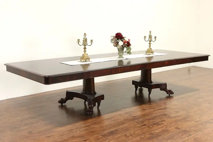 Empire Square Mahogany 1900 Antique Dining Table, Lion Paw Pedestals, 13' Long
