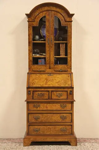 Burl Vintage Secretary Desk, Bookcase Top & Glass Doors