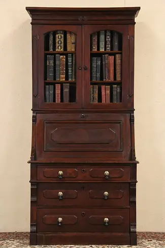 Victorian Antique 1880 Walnut Secretary Desk & Bookcase