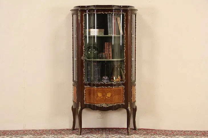 Dutch Marquetry 1920 Antique Curved Glass Vitrine Curio Cabinet, Silver Drawers