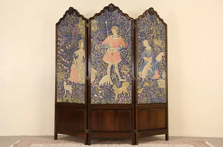 Renaissance Tapestry Antique English 1900 Folding Screen, Carved Walnut