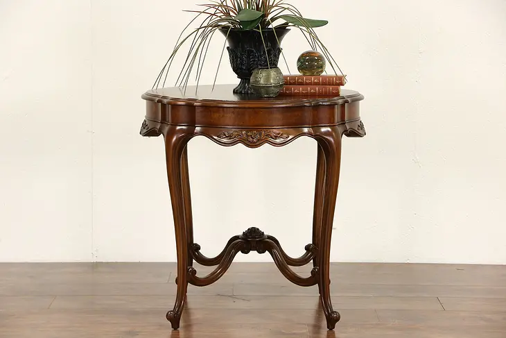 Carved Walnut & Burl 1925 Vintage Lamp Table, Signed Imperial