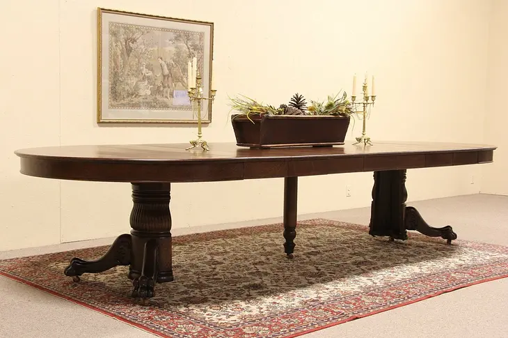 Round Oak 5' Antique Dining Table, Lion Paw Pedestal, Extends 12'