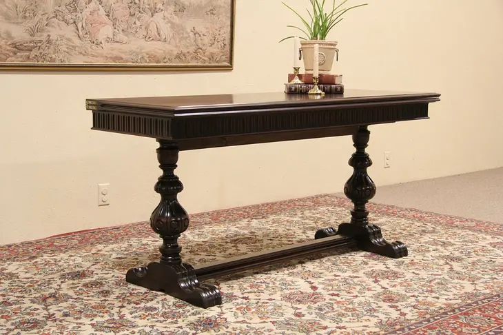 Tudor Carved Hall or Sofa Table, Opens for Dining Table