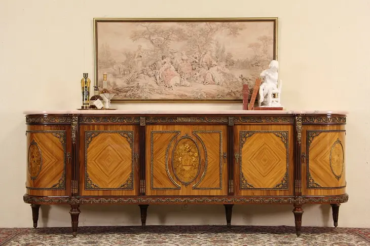 French 1940's Vintage Marble Top 8' 9" Sideboard & Bar Cabinet