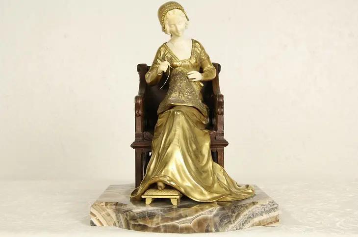 Sculpture of Art Deco 1920's Antique Bronze Young Lady Sewing, Onyx Base