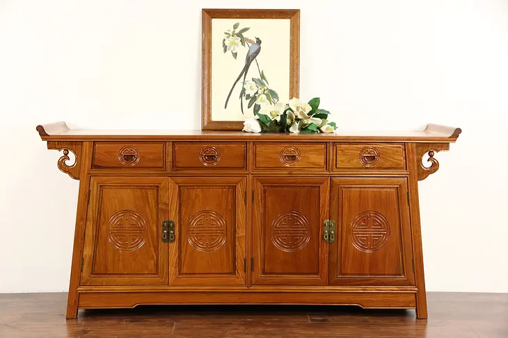 Asian Vintage Hand Carved Rosewood Sideboard Server or Console, Thailand