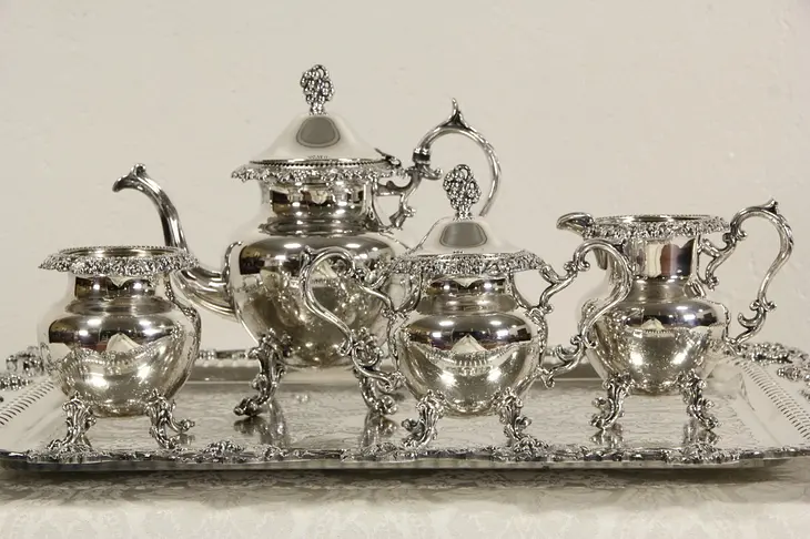Grapevine Motif Vintage Signed Silver Plate Tea or Coffee Service, 4 Pc. Set