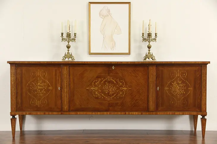 Italian 1920's Marquetry Sideboard Server Credenza, Signed Pisa
