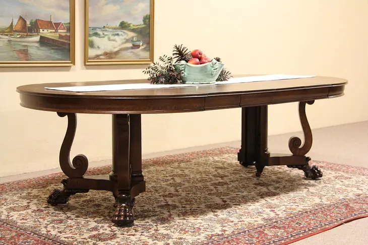 Round 54" Oak 1900 Antique Dining Table, Extends 8 1/2' Lion Paw Feet