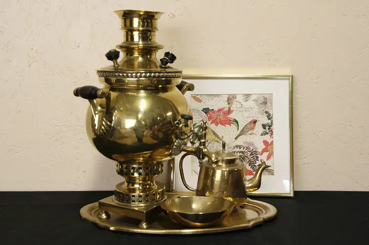 Russian 1900 Antique Samovar, Tea Pot, Sugar & Tray Set