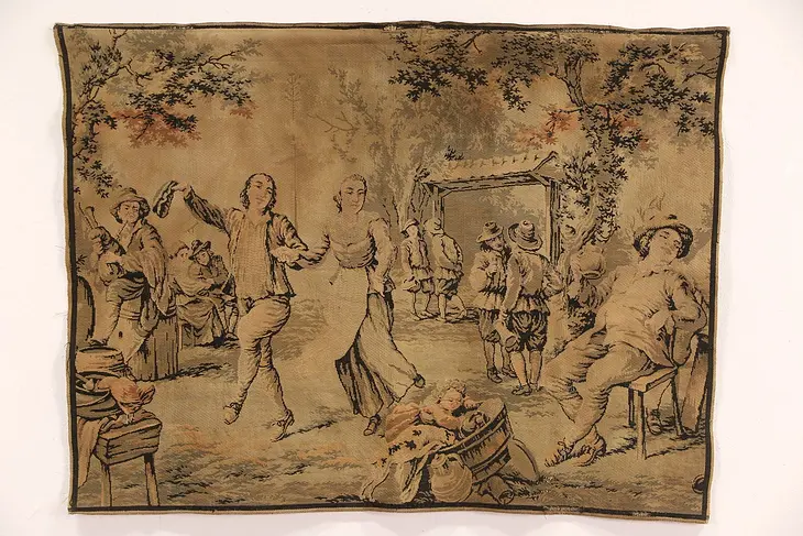 French 1910 Antique Tapestry, Village Dancing Scene