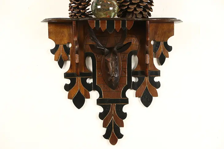 Victorian 1870's Antique Wall or Clock Shelf, Hand Carved Stag Head