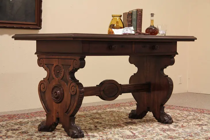 Library Table Writing Desk, Carved Lion Feet