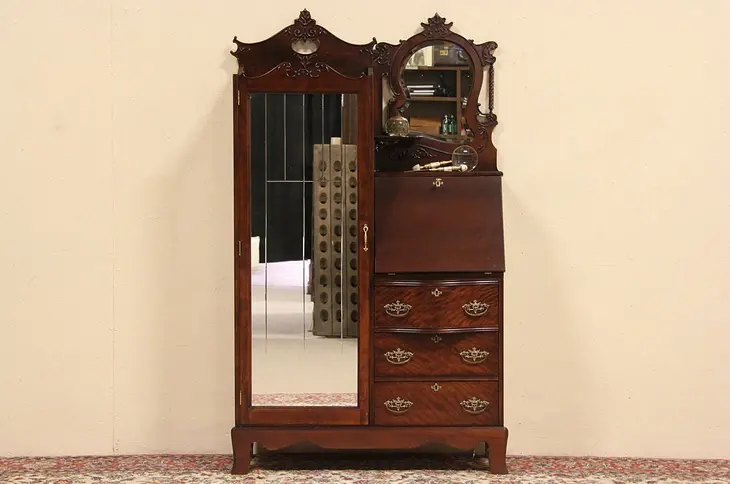 Side by Side Combination 1910 Secretary Desk Bookcase, Mirrors