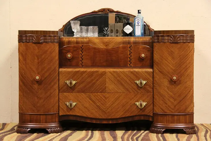 Art Deco 1930's Sideboard or Console, Beveled Mirror