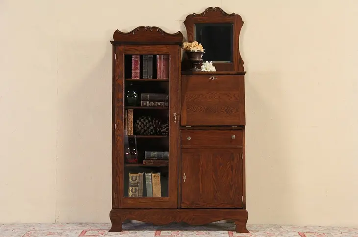 Oak 1910 Antique Side by Side Secretary Desk & Bookcase