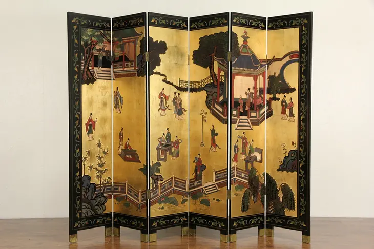 Chinese 6 Panel Carved Lacquer Coromandel Gold Leaf Vintage Screen