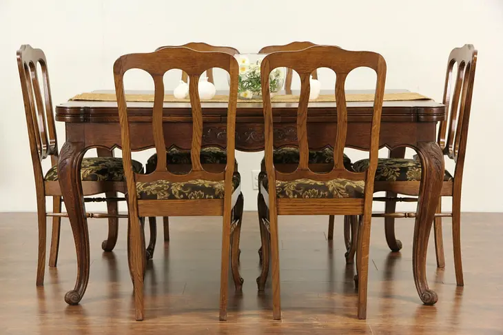 Country French Carved Oak 1920's Dining Set, Table, 2 Draw Leaves & 6 Chairs