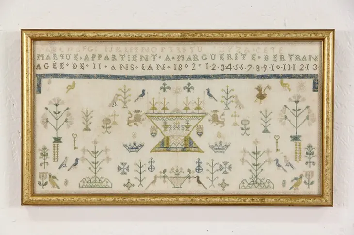 French Signed & Dated 1802 Antique Hand Stitched Sampler, Framed