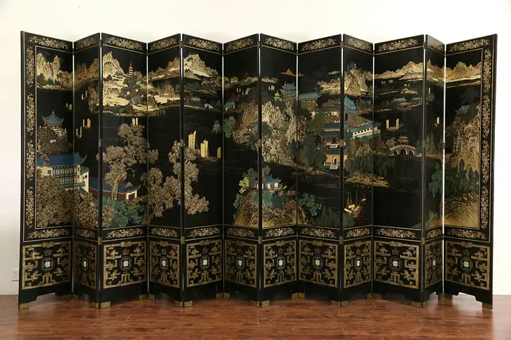 Chinese 12 Panel 20' Wide Coromandel Carved Lacquer Vintage Screen
