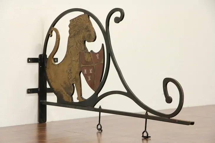 Iron Sign Bracket, Hand Painted Lion & Coat of Arms