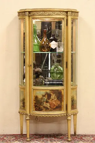 Curved Glass Gold Leaf French Vitrine or Curio Display Cabinet