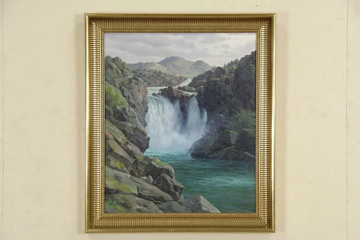 Mountain Waterfall Oil Painting, Svend Drews, 1950 Vintage