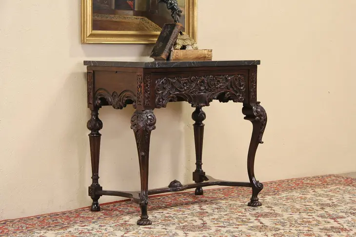 Marble Top Italian Carved 1900 Antique Hall Console Table