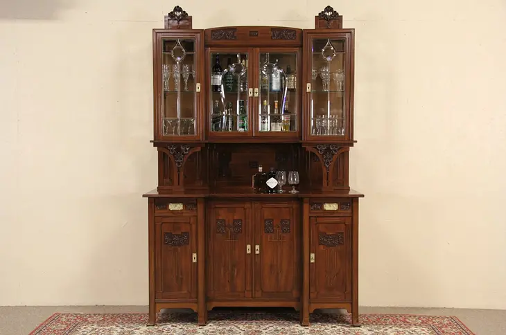 Italian Arts & Crafts 1910 Back Bar, Server & China Cabinet, Leaded Glass Doors