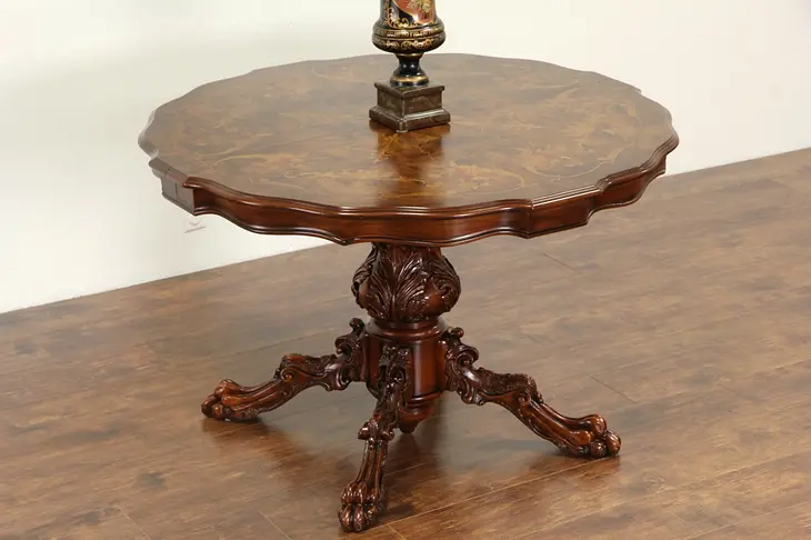 Italian Marquetry 1930's Vintage Carved Center, Hall, Game or Dining Table