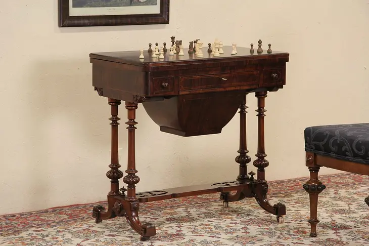 Chess, Game & Needlework Table, Rosewood Marquetry 1870 English Antique