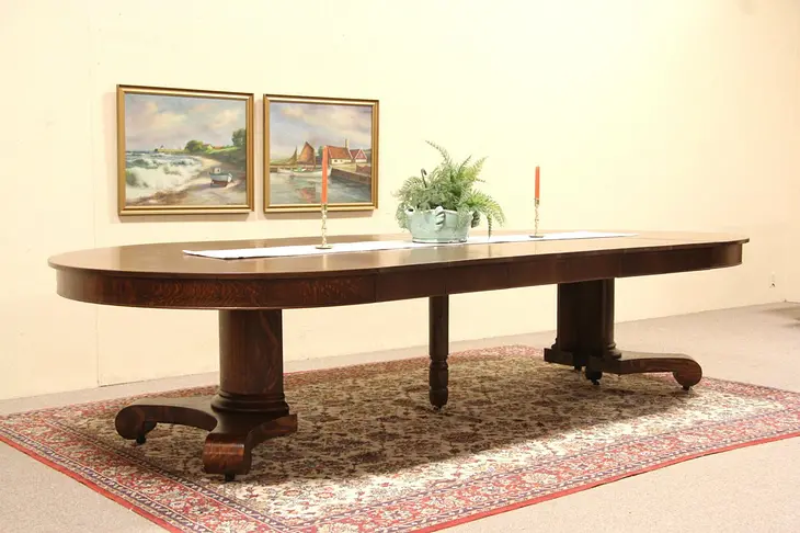 Round Quartersawn Oak 5' Antique Dining Table, Split Pedestal, Extends 11'