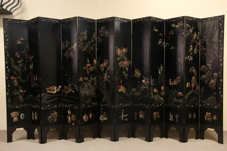 Chinese Coromandel Carved Lacquer Antique1920 Large Birds Screen