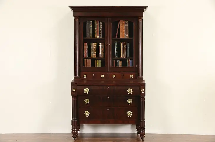 Empire 1830 Antique Secretary Desk & Bookcase, Original Pulls
