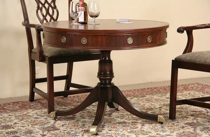 Georgian Vintage Drum or Lamp Table, Tooled Leather, Signed Coventry