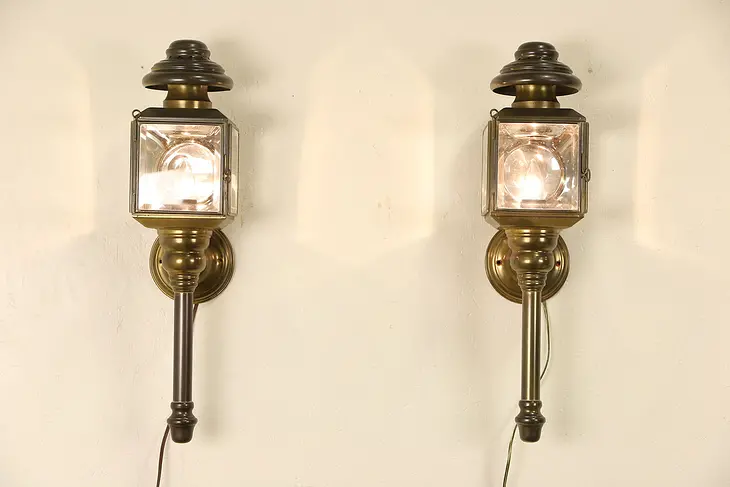 Pair of Brass 1890's Antique Coach Lamps, Electrified as Sconces