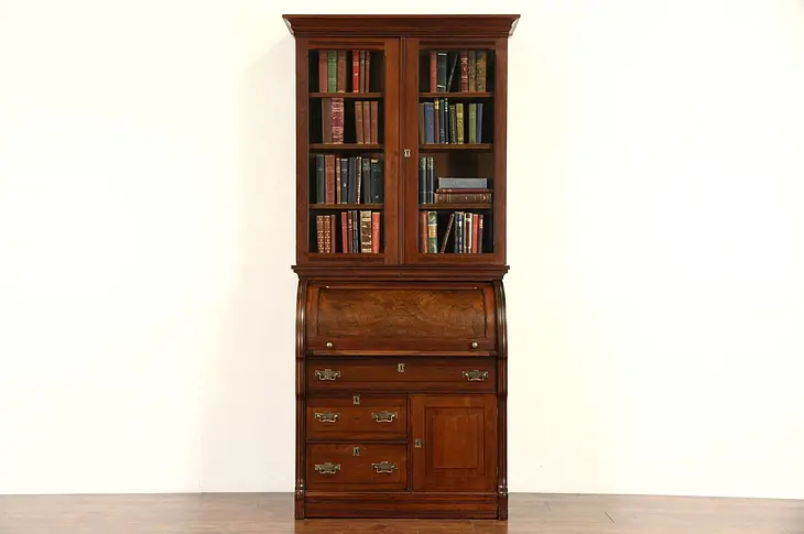 Victorian Eastlake 1880's Walnut Cylinder Roll Top Secretary Desk & Bookcase