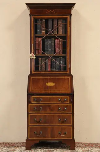 English Vintage Narrow Secretary Desk & Bookcase, Marquetry